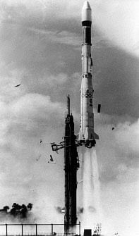 In this file photograph taken on 24 December 1979, Europe`s Ariane 1 rocket takes off on it`s first launch at Kourou Base in French Guiana. Photo: AFP