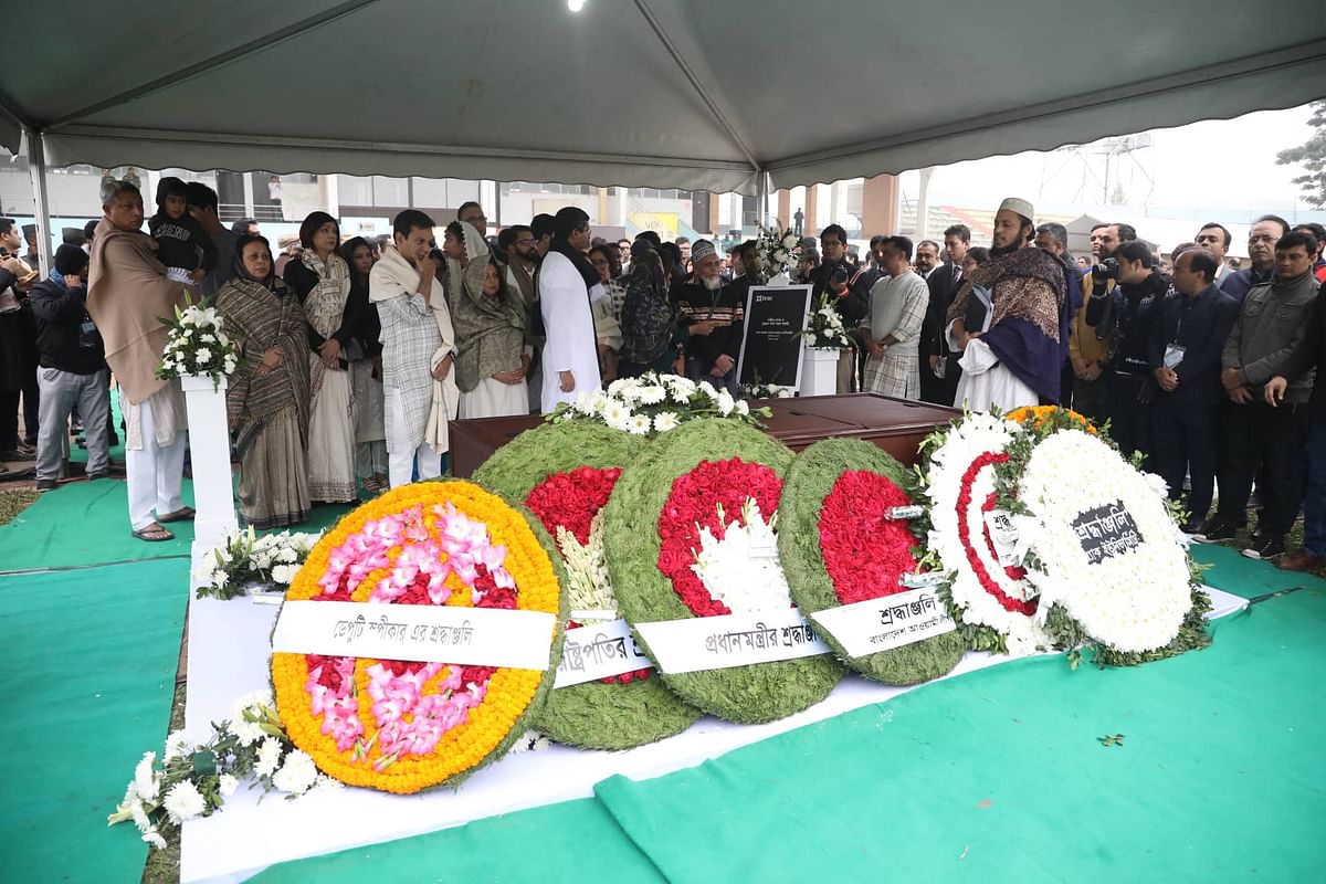 Wreaths offered as tributes during the funeral of Sir Fazle Hasan Abed at Army Stadium, Dhaka on 22 December 2019. Photo: Dipu Malakar