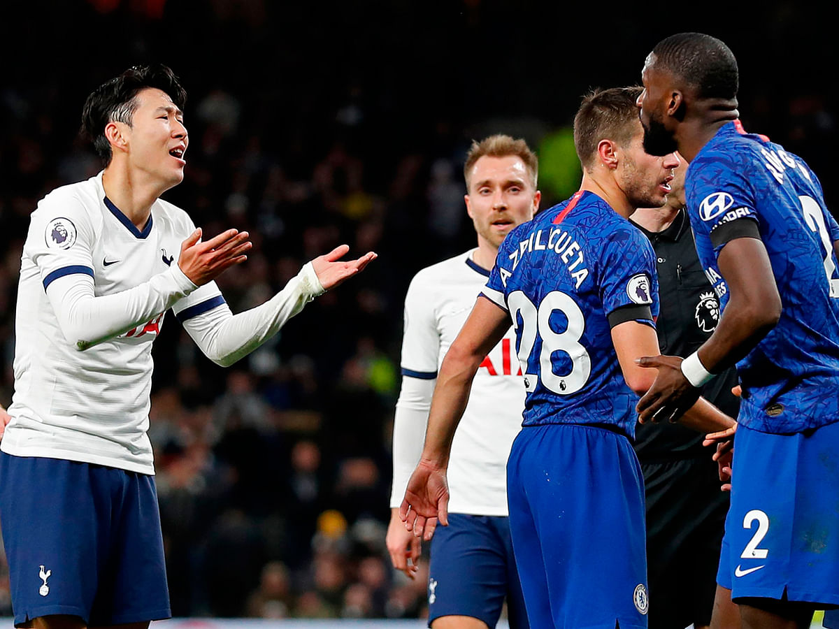 Tottenham Hotspur`s South Korean striker Son Heung-Min (L) appeals to Chelsea`s German defender Antonio Rudiger (R) after the two players clash during the English Premier League football match between Tottenham Hotspur and Chelsea at Tottenham Hotspur Stadium in London, on Sunday. Photo: AFP