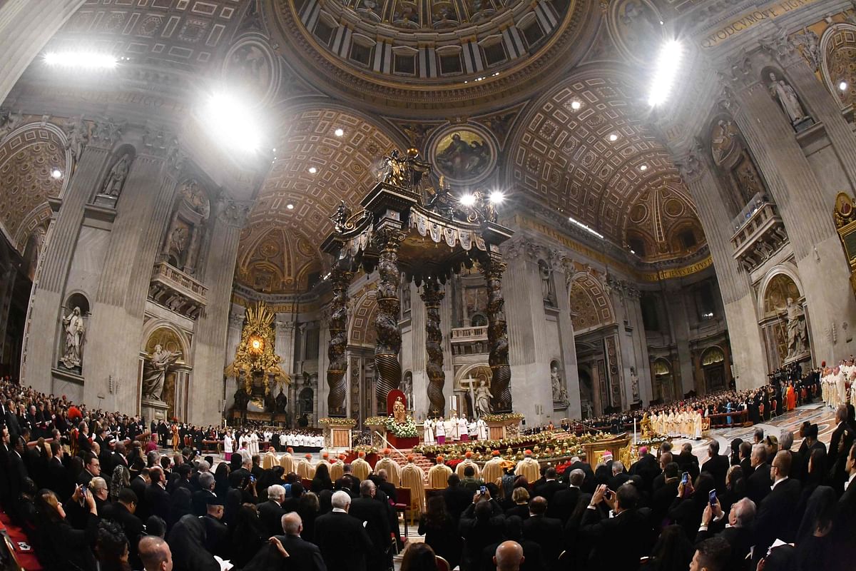 Pope Francis leads a Christmas Eve mass in St Peter`s Basilica to mark the nativity of Jesus Christ on 24 December 2019 at the Vatican. Photo: AFP