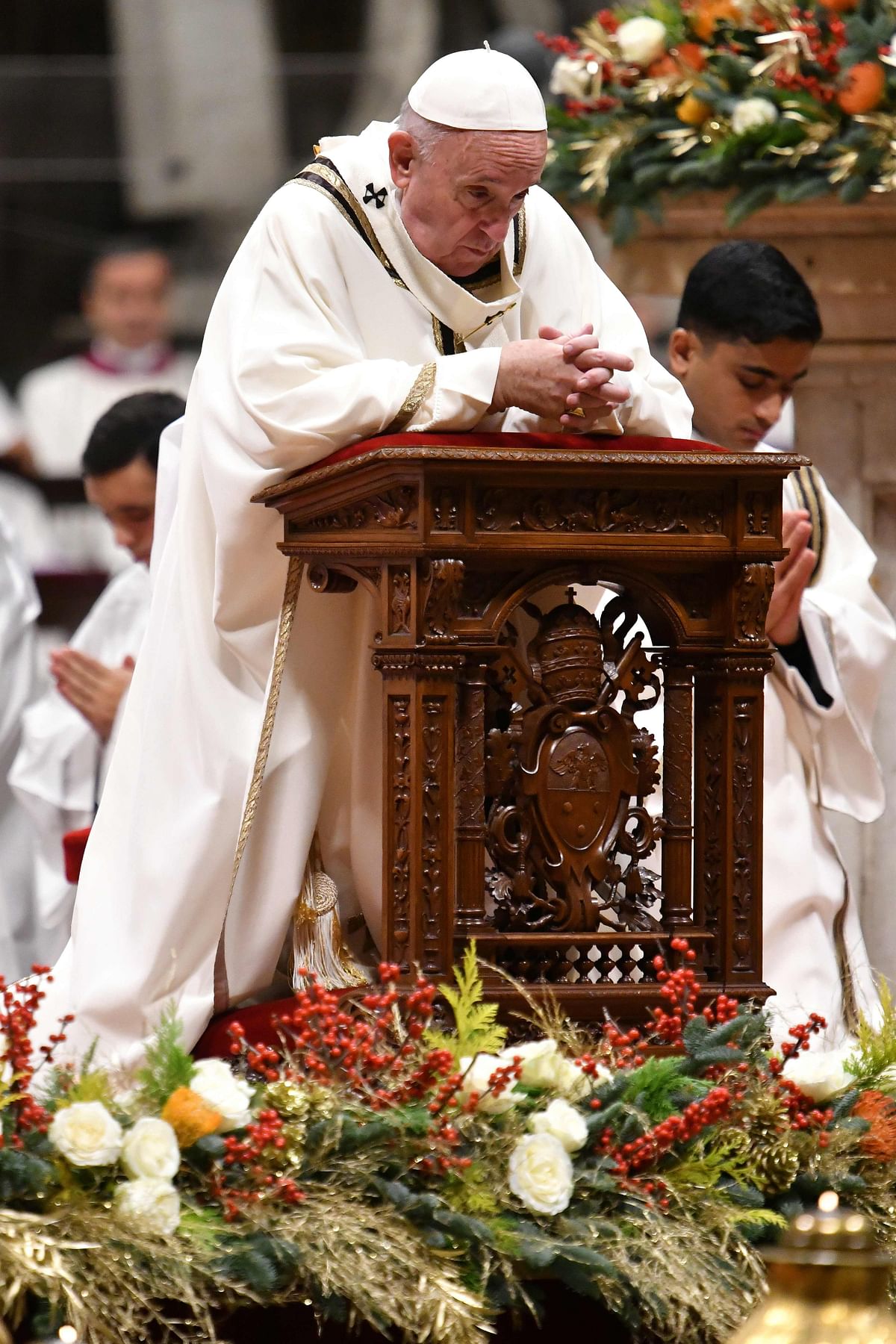 Pope Francis leads a Christmas Eve mass in St Peter`s Basilica to mark the nativity of Jesus Christ on 24 December 2019, at the Vatican. Photo: AFP