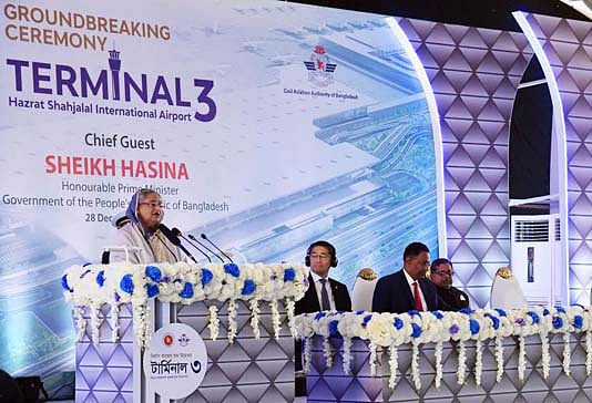 Prime minister Sheikh Hasina inaugurates the construction work of the `Third Terminal` of Hazrat Shahjalal International Airport (HSIA) on Saturday. Photo: BSS