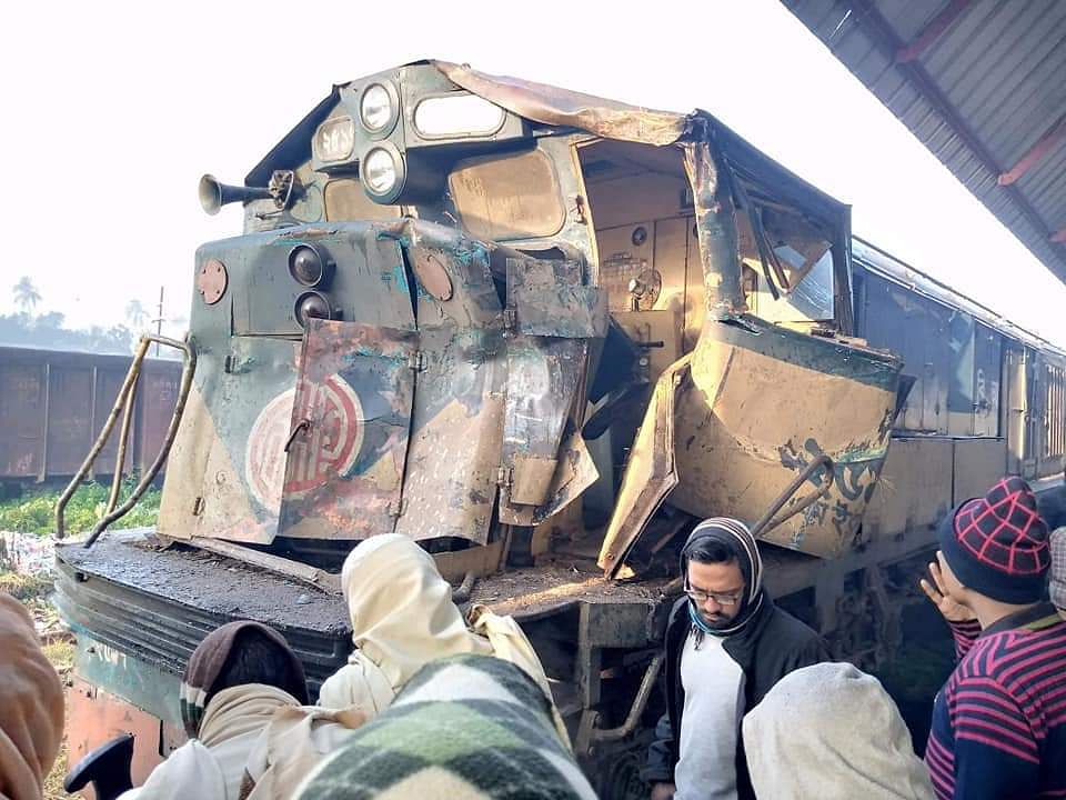 A damaged train engine stands along Ghunti railway crossing after a collision with a truck at Mymensingh on 30 December 2019. Photo: Prothom Alo