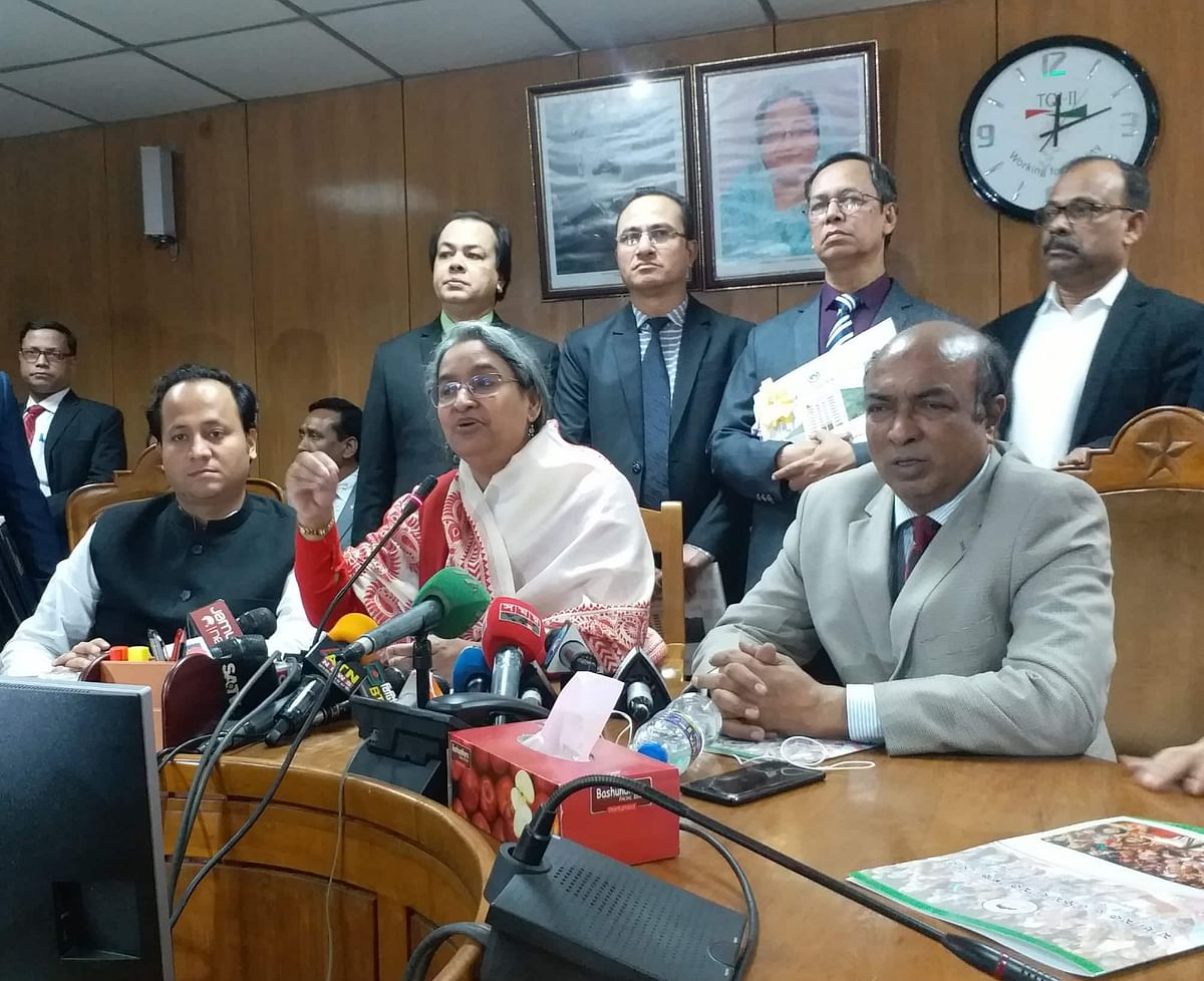 Education minister Dipu Moni announces the results of JSC and JDC examinations at a press briefing in her ministry office in the capital on 31 December, 2019. Photo: Prothom Alo