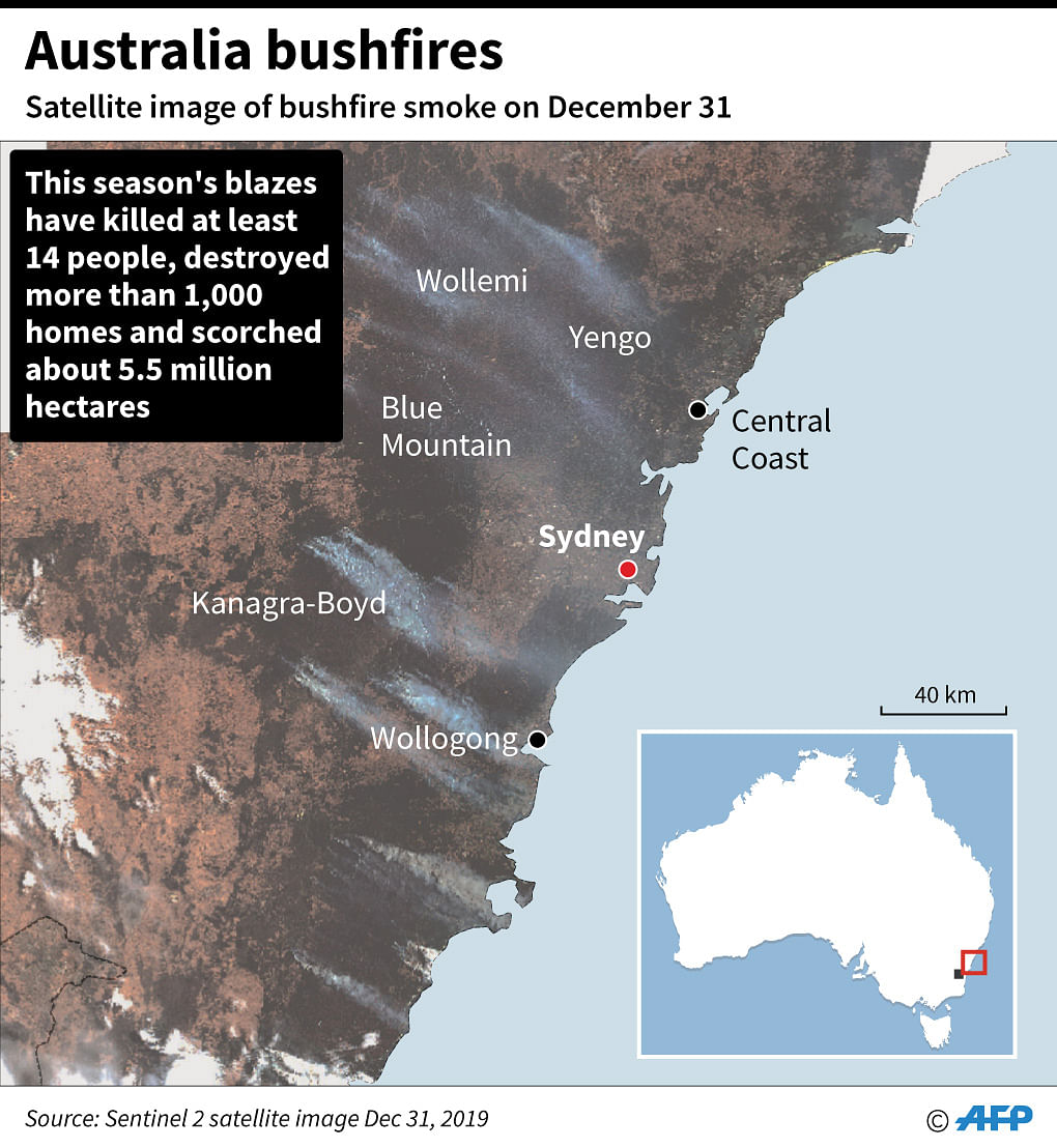 Satellite map showing bushfire smoke in Australia`s New South Wales and Victoria states. AFP