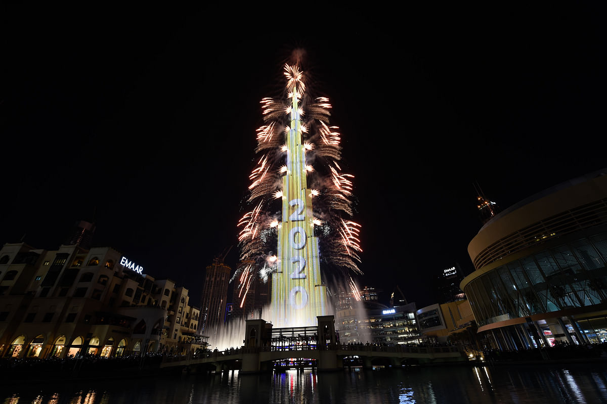 Fireworks explode at the Burj Khalifah, the world’s tallest building, on New Year`s Eve to welcome 2020 in Dubai, on 31 December 2019. Photo: AFP
