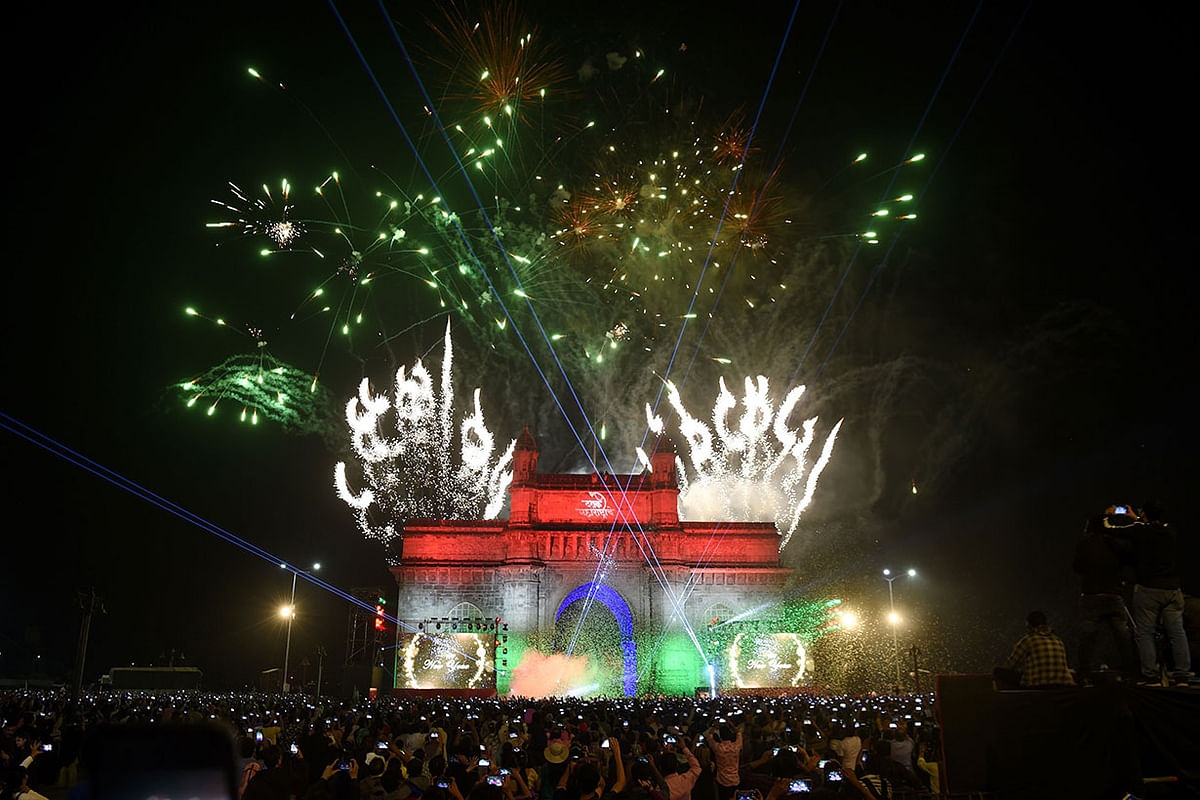 New Year`s Eve fireworks erupt over Mumbai`s iconic Gateway of India on 1 January 2020. Photo: AFP