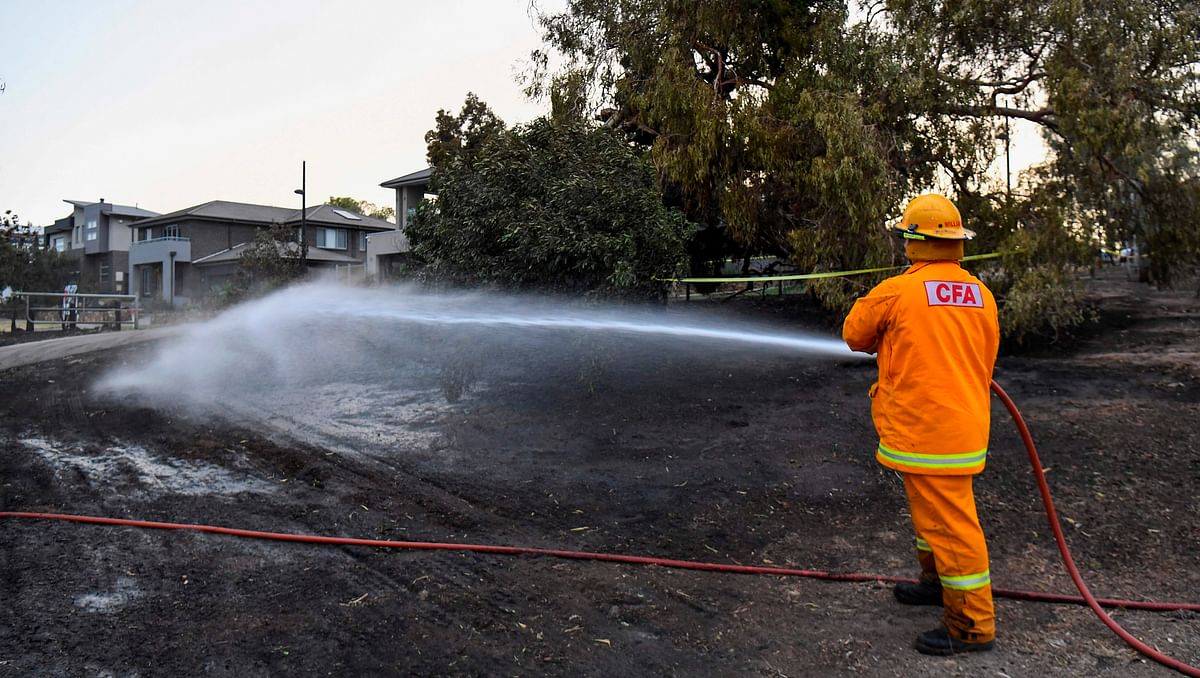 A firefighter dampens down a fire as a bushfire encroached on the outer suburbs of Melbourne on 30 December 2019. Hundreds of firefighters were removed from bushland deemed too dangerous as a heatwave swept Australia on 30 December, with seven major blazes declared `emergencies` in the country`s south-east. Photo: AFP