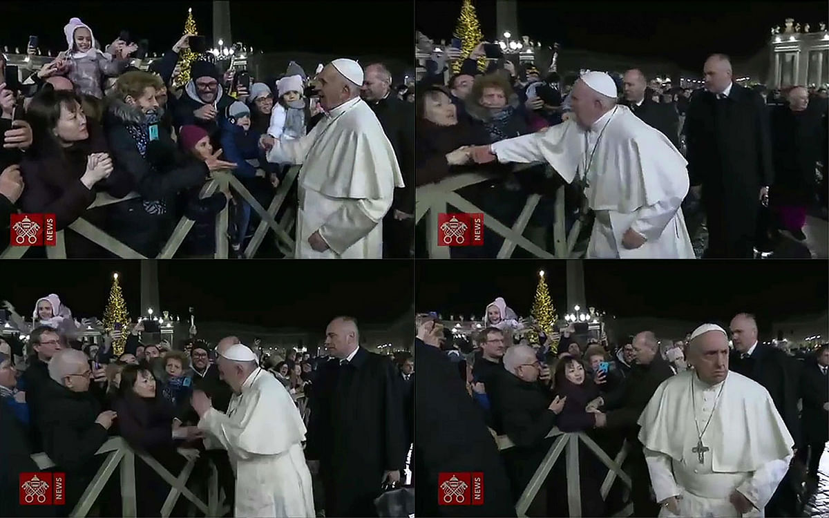 This combination of pictures created on January 1, 2020 of frame grabs taken from a handout video made available by Vatican Media shows from top left to bottom right, a lady (L) with her hands clasped as she watches Pope Francis greeting Catholic faithful as he arrives to celebrate New Year`s Eve mass in Vatican City, the same lady (L) grabbing at Pope Francis` hands as he greets Catholic faithful, followed by Pope Francis slapping his way free from her clutches and Pope Francis turning around after freeing himself prior to celebrating New Year`s Eve mass in Vatican City on 31 December 2019. Photo: AFP