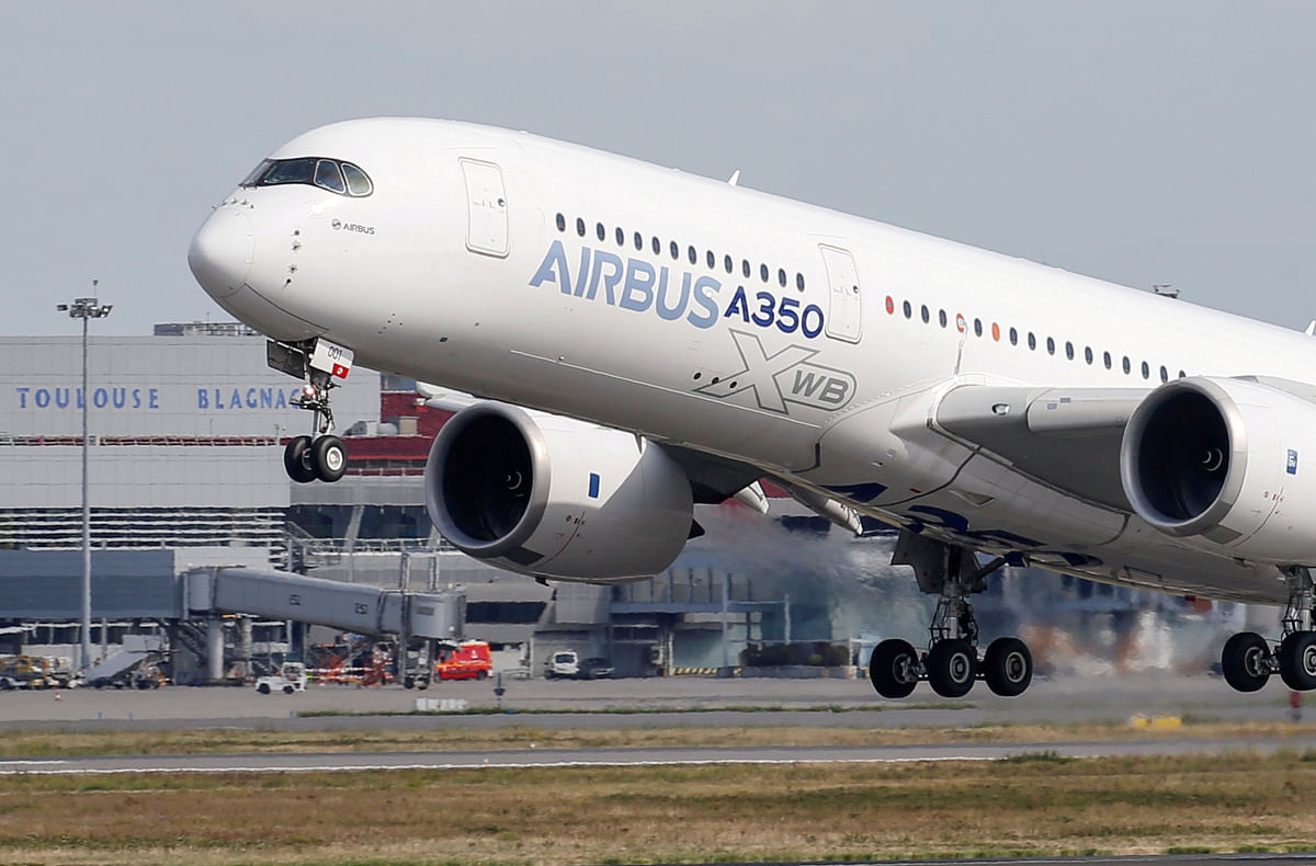 An Airbus A350 takes off at the aircraft builder`s headquarters in Colomiers near Toulouse, France, on 27 September, 2019. Photo: Reuters