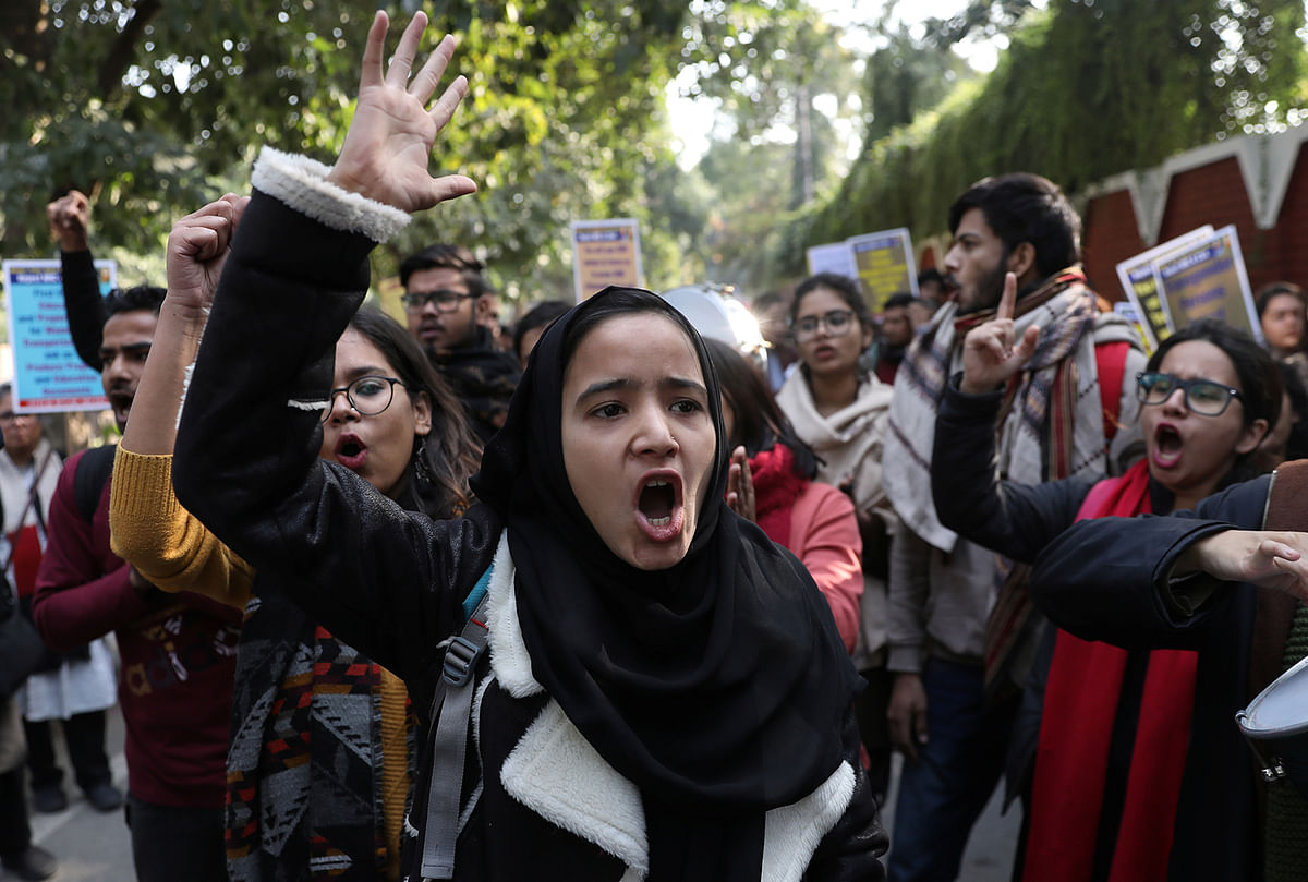 Demonstrators shout slogans during a protest against a new citizenship law, in New Delhi, India, on 3 January 2020. Photo: Reuters