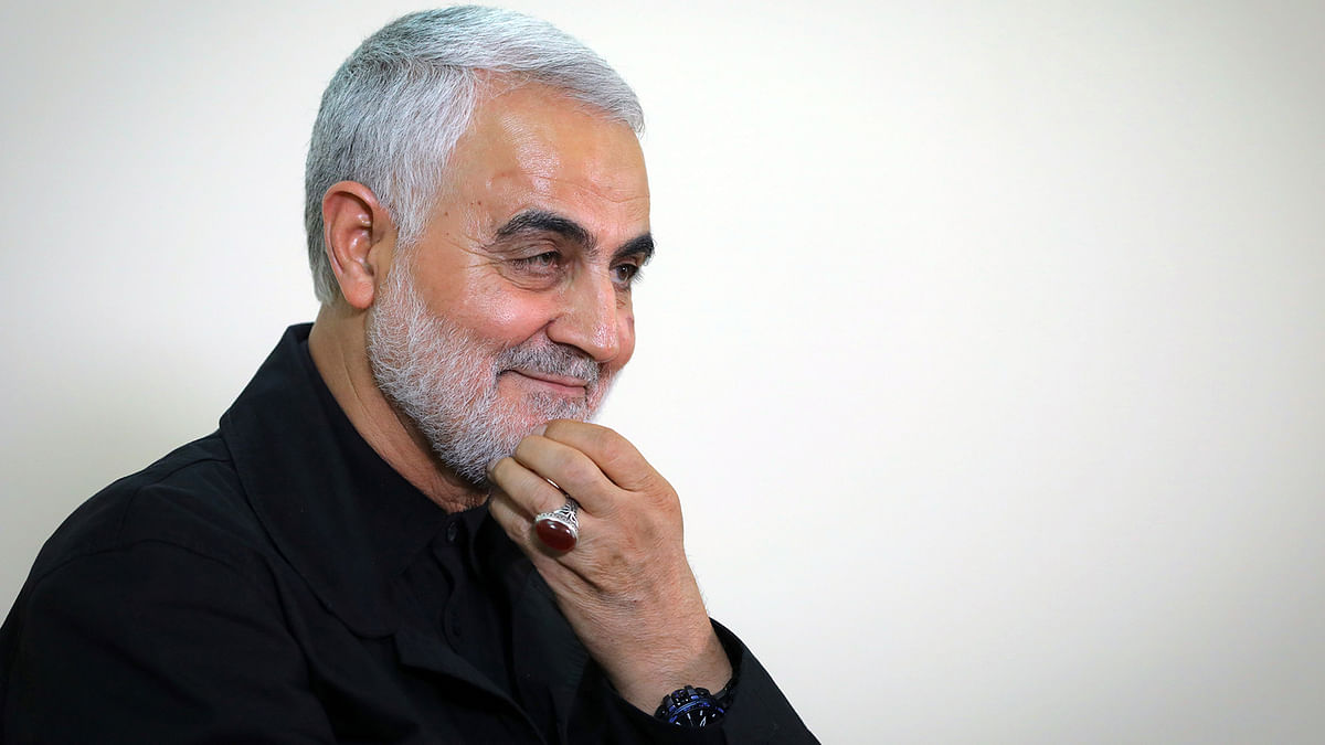A file handout photo taken on 1 October 2019 shows Qasem Soleimani, Iranian Revolutionary Guards Corps (IRGC) Major General and commander of the Quds Force, wearing his trademark ring during an interview with members of the Iranian leader`s bureau in Tehran. Photo: AFP