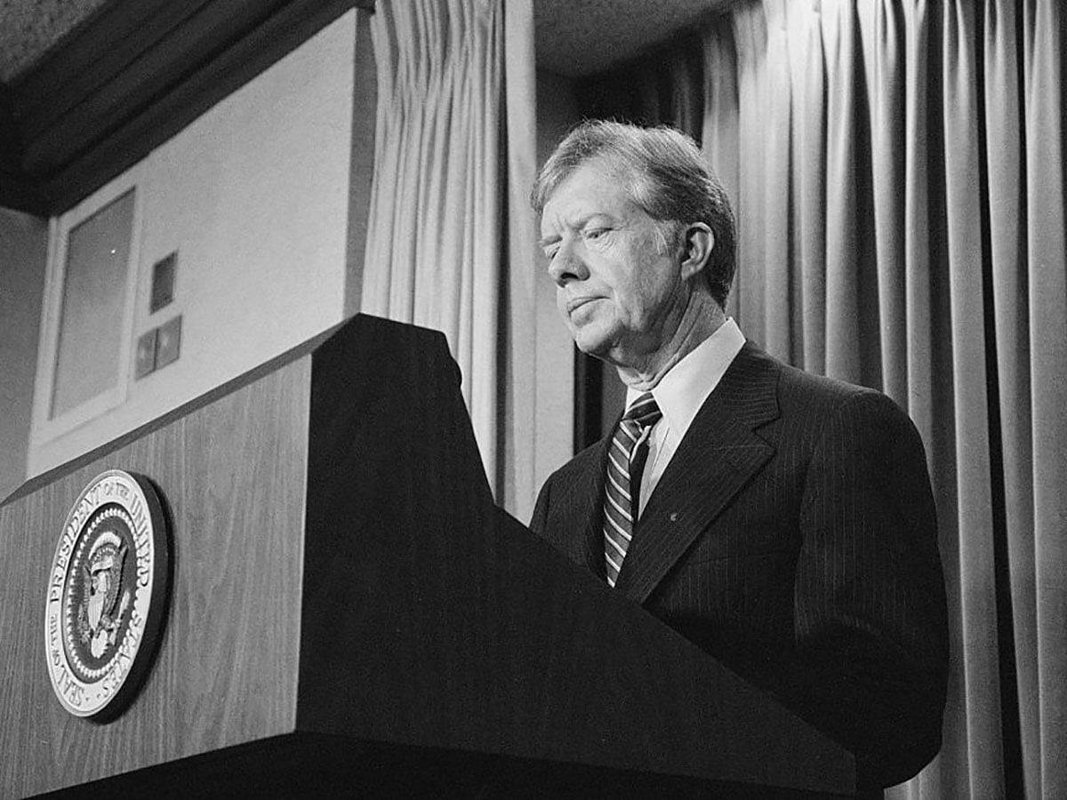 US president Jimmy Carter announces new sanctions against Iran in retaliation for taking US hostages, at the White House in Washington, on 7 April 1980. Reuters File Photo