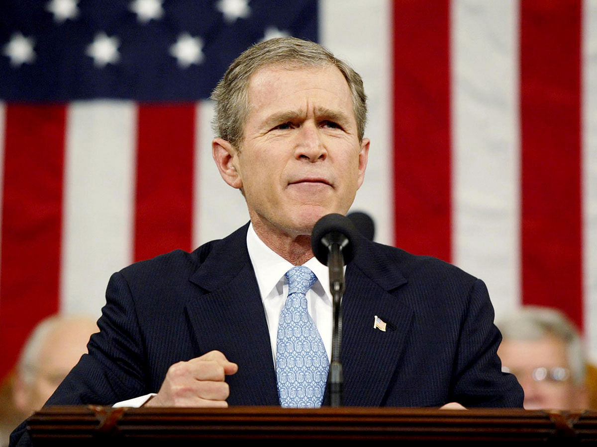 US president George W Bush declares Iran, Iraq, North Korea an Òaxis of evil` during an address to a Joint Session of Congress at the Capitol Building in Washington on 29 January 2002. Reuters File Photo
