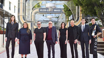 Dylan Brosnan, Amy Thurlow, Ricky Gervais, Lorenzo Soria, guest, Barry Adelman and Paris Brosnan roll out the red carpet at the 77th Annual Golden Globe Awards Preview Day at The Beverly Hilton Hotel on 03 January, 2020 in Beverly Hills, California. Photo: AFP