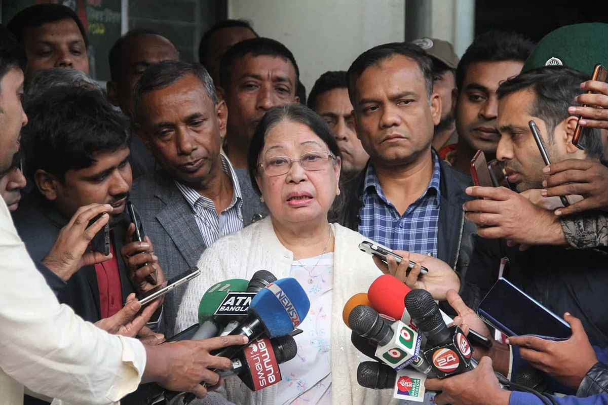 BNP chairperson Khaleda Zia’s sister Selima Islam speaks after visiting her sister at BSMMU. Photo: Collected