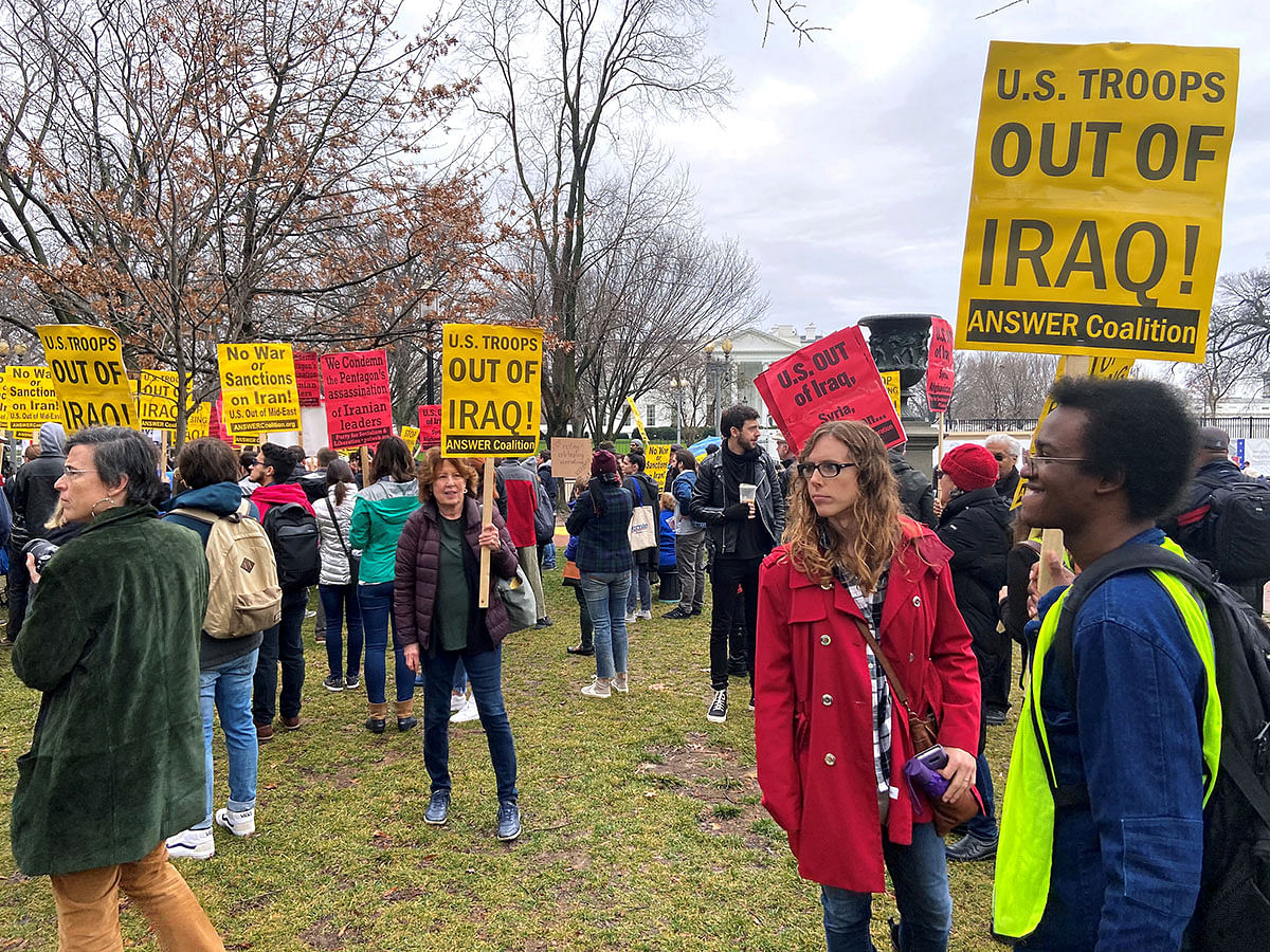 Anti-war protestors gather near the White House to condemn the US air strike that killed Iranian military commander Qassem Soleimani, in Washington, US, on 4 January 2020. Photo: Reuters