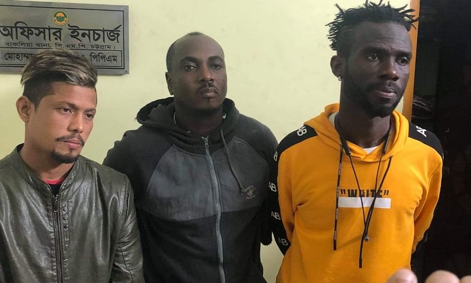 Two Ghanaian and a Bangladeshi footballers detained for their alleged involvement in yaba trading. Photo: Prothom Alo