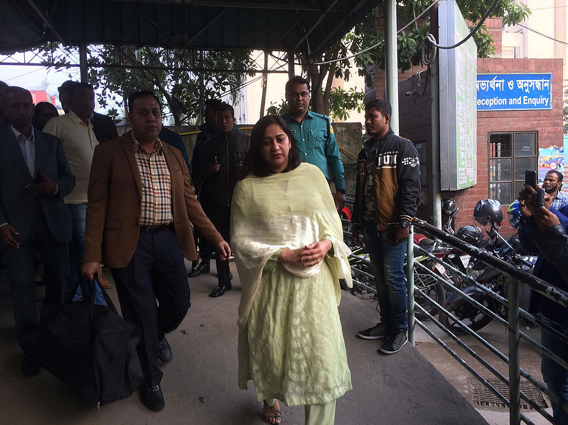 Khaleda Zia’s late son Arafat Rahman Koko’s wife Sharmila Rahman visited comes out of BSMMU. Photo: UNB