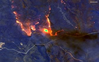 This 4 January 2020, satellite infrared closeup image released by Maxar Technologies shows wildfires east of Orbost, Australia. Photo: AFP