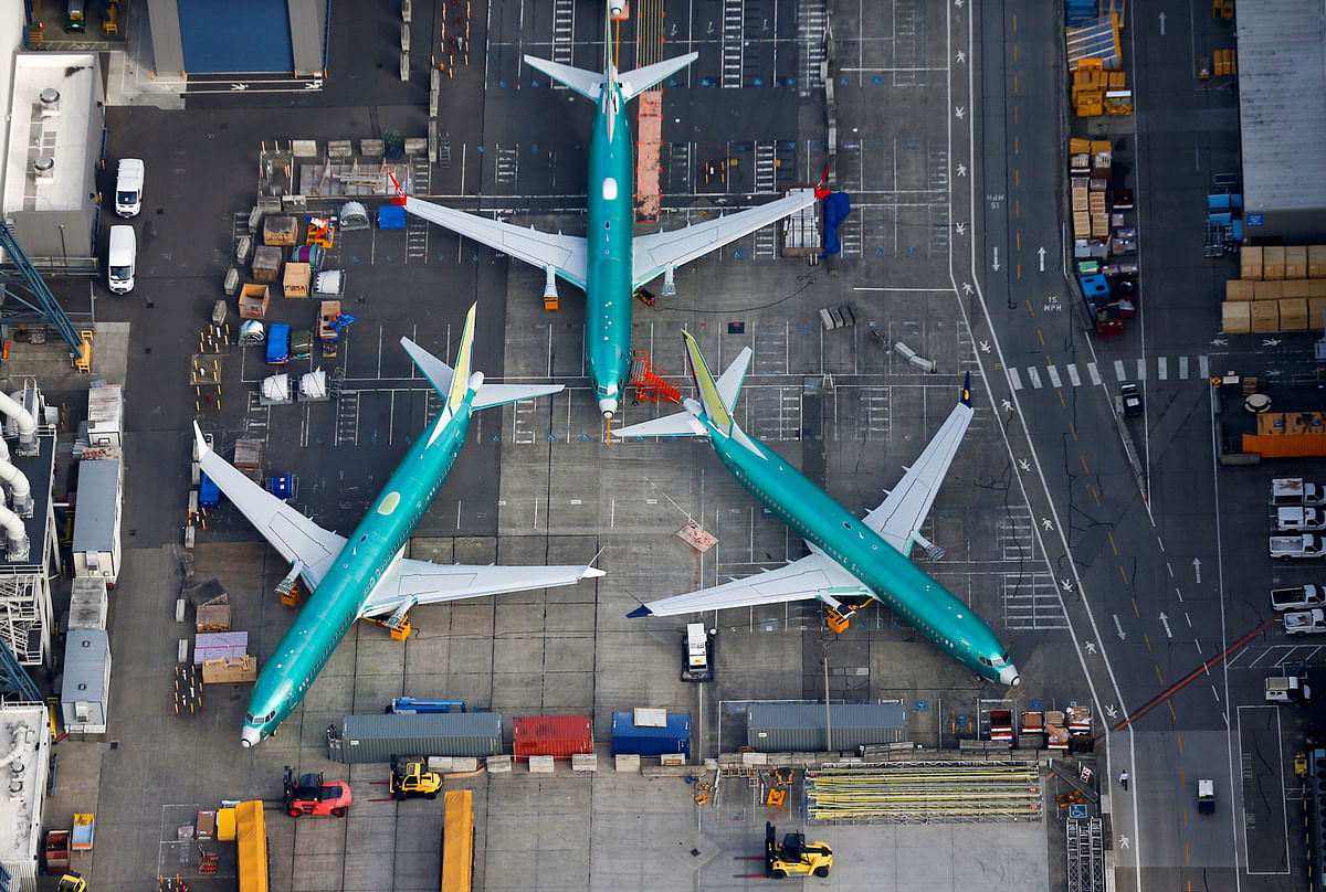 An aerial photo shows Boeing 737 MAX airplanes parked on the tarmac at the Boeing Factory in Renton, Washington, US on 21 March 2019. Photo: AFP