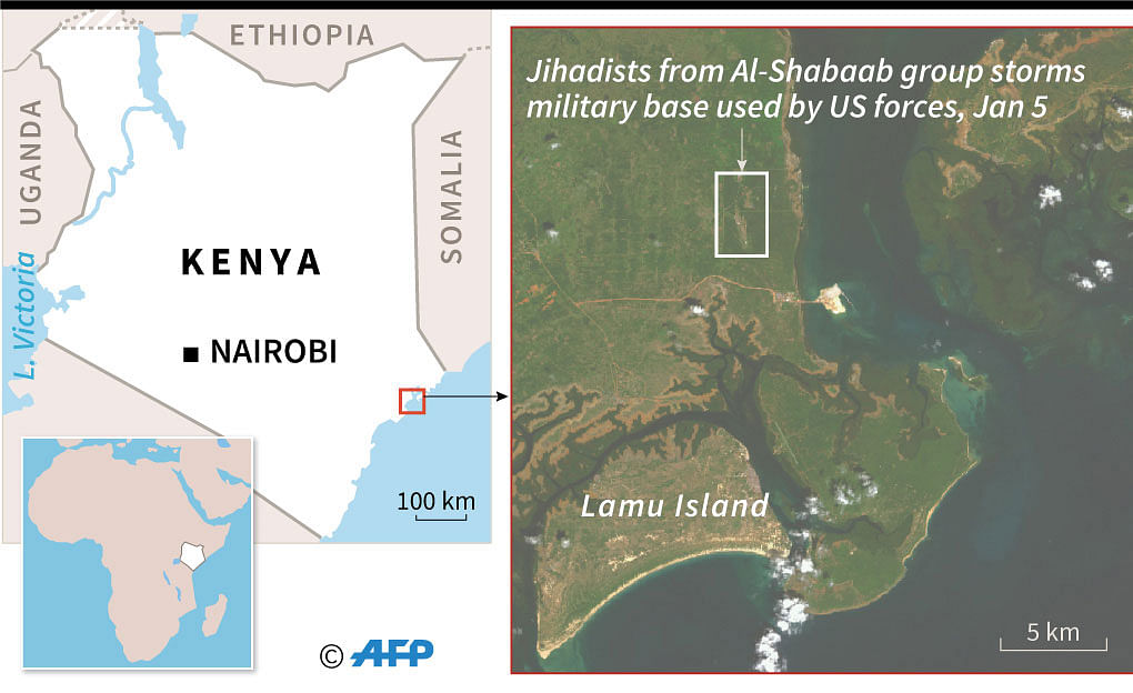 Maps locating the military base used by US forces in Kenya, attacked by al-Shabaab jihadists on Sunday. Photo: AFP