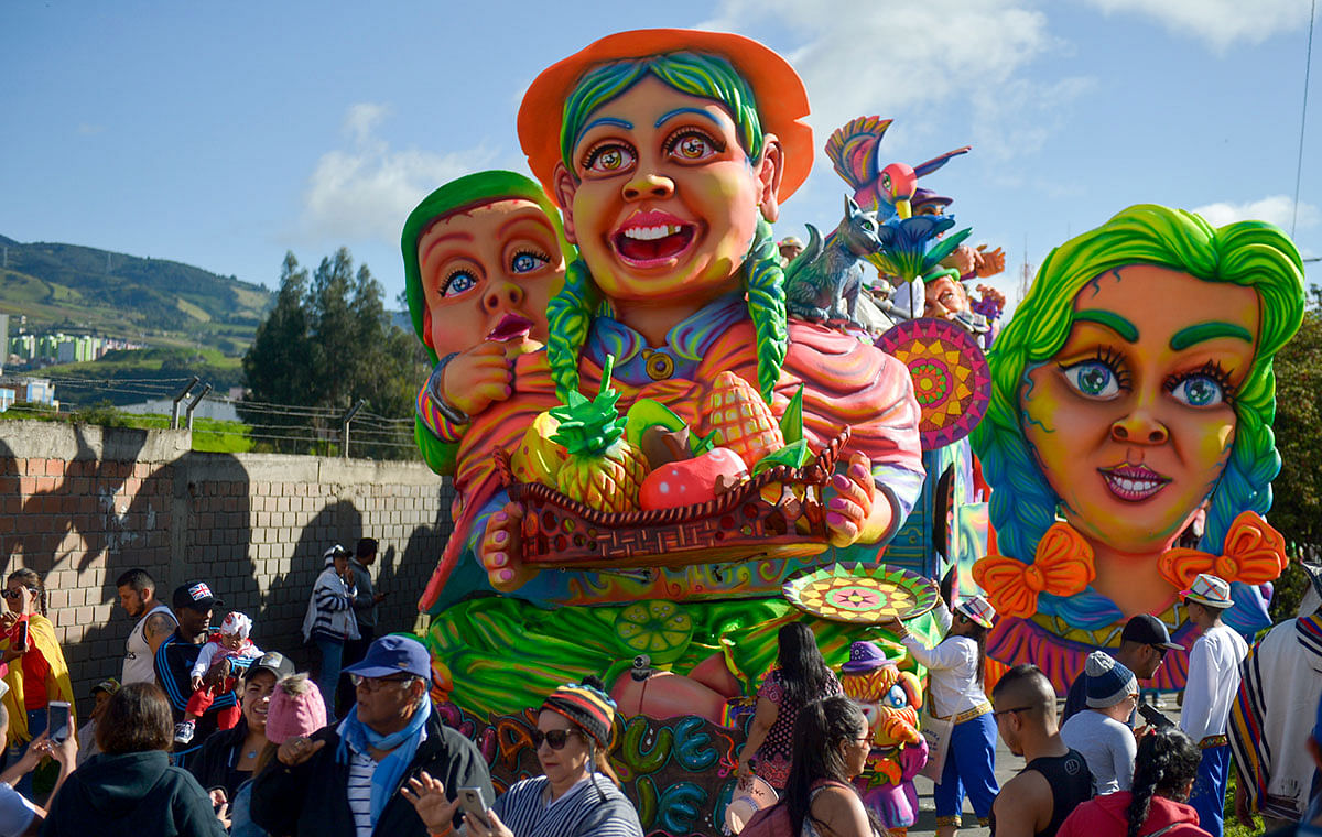 A float takes part in the `White Day` parade, on 6 January 2020, during the Carnival of Blacks and Whites in Pasto, Colombia, the largest festivity in the south-western region of the country. The Black and White carnival has its origins in a mix of Andean, Amazonian and Pacific cultural expressions. Photo: AFP
