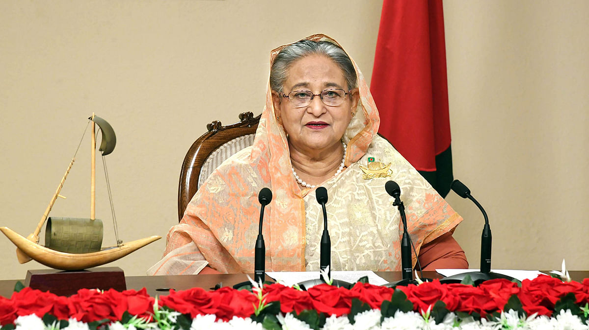 Prime minister Sheikh Hasina addresses the nation on 7 January 2020, marking the first anniversary of her government’s third term in power. Photo: PID