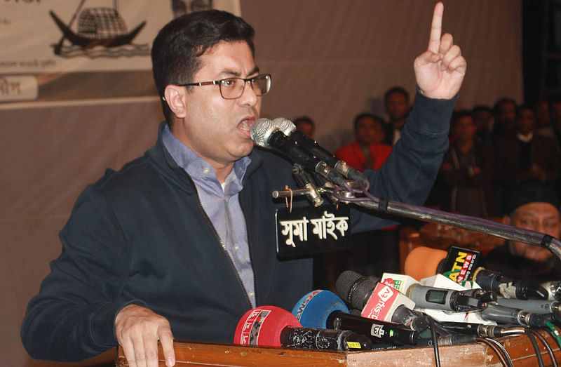 AL mayoral candidate for DSCC elections Sheikh Fazle Noor Taposh addresses a meeting, organised by Bangladesh Awami Jubo League, at Mahanagar Natya Mancha in Gulistan, Dhaka on 7 January 2020. Photo: Focus Bangla