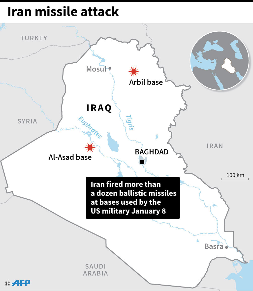 Map showing two airbases in Iraq, Al-Asad and Arbil, that were hit by more than a dozen of Iran`s ballistic missiles on Wednesday. AFP
