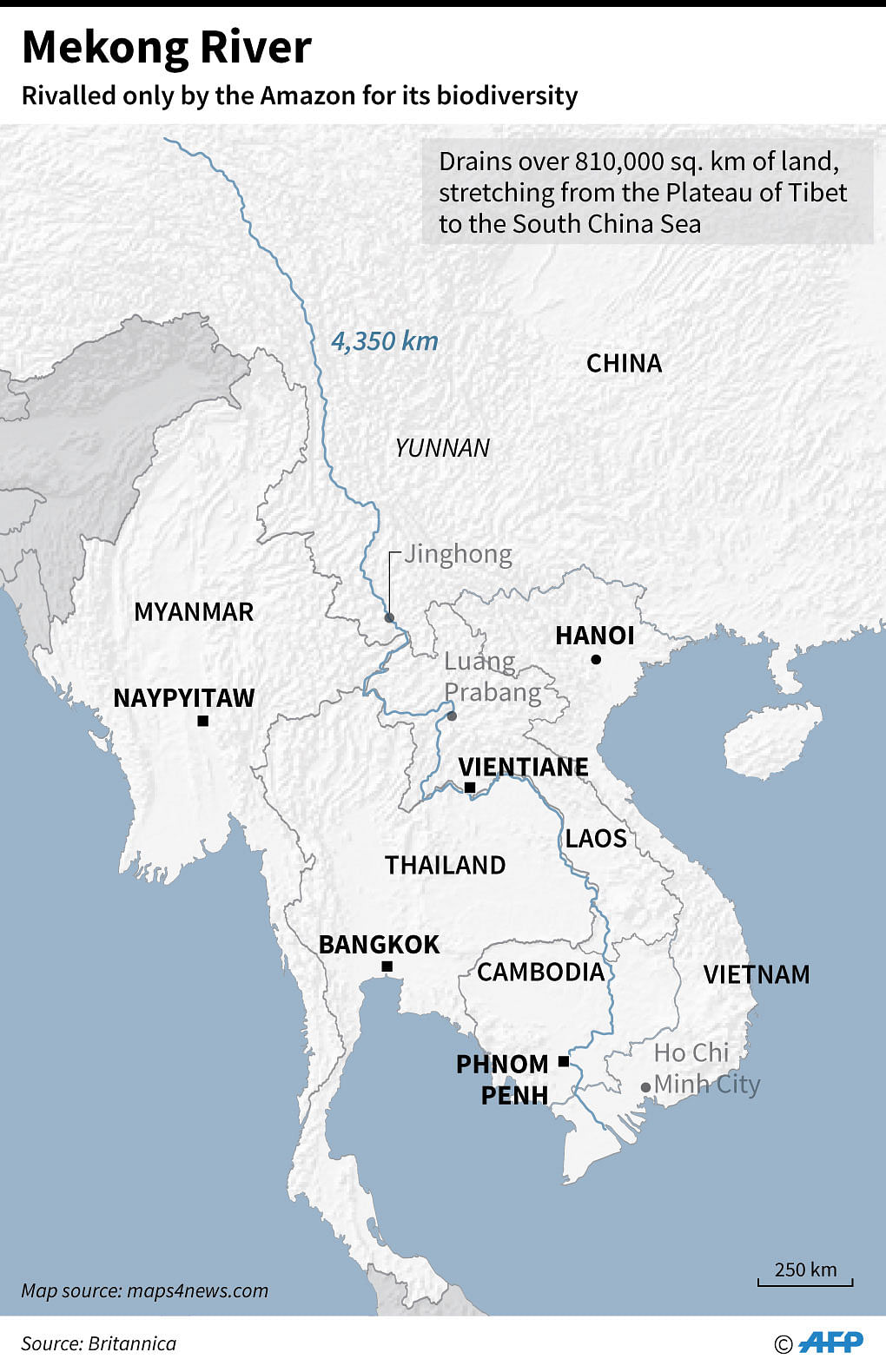 Map of Mekong River, the longest in Southeast Asia, 7th longest in Asia, and 12th longest in the world. Photo: AFP