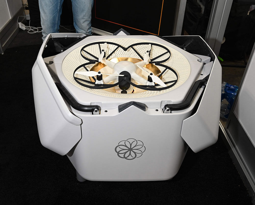 California-based Sunflower Labs` autonomous security drone in its protective housing (with automatic bay doors open) and charging station is displayed at the 2020 Consumer Electronics Show (CES) in Las Vegas, Nevada, on 9 January 2020. Photo: AFP