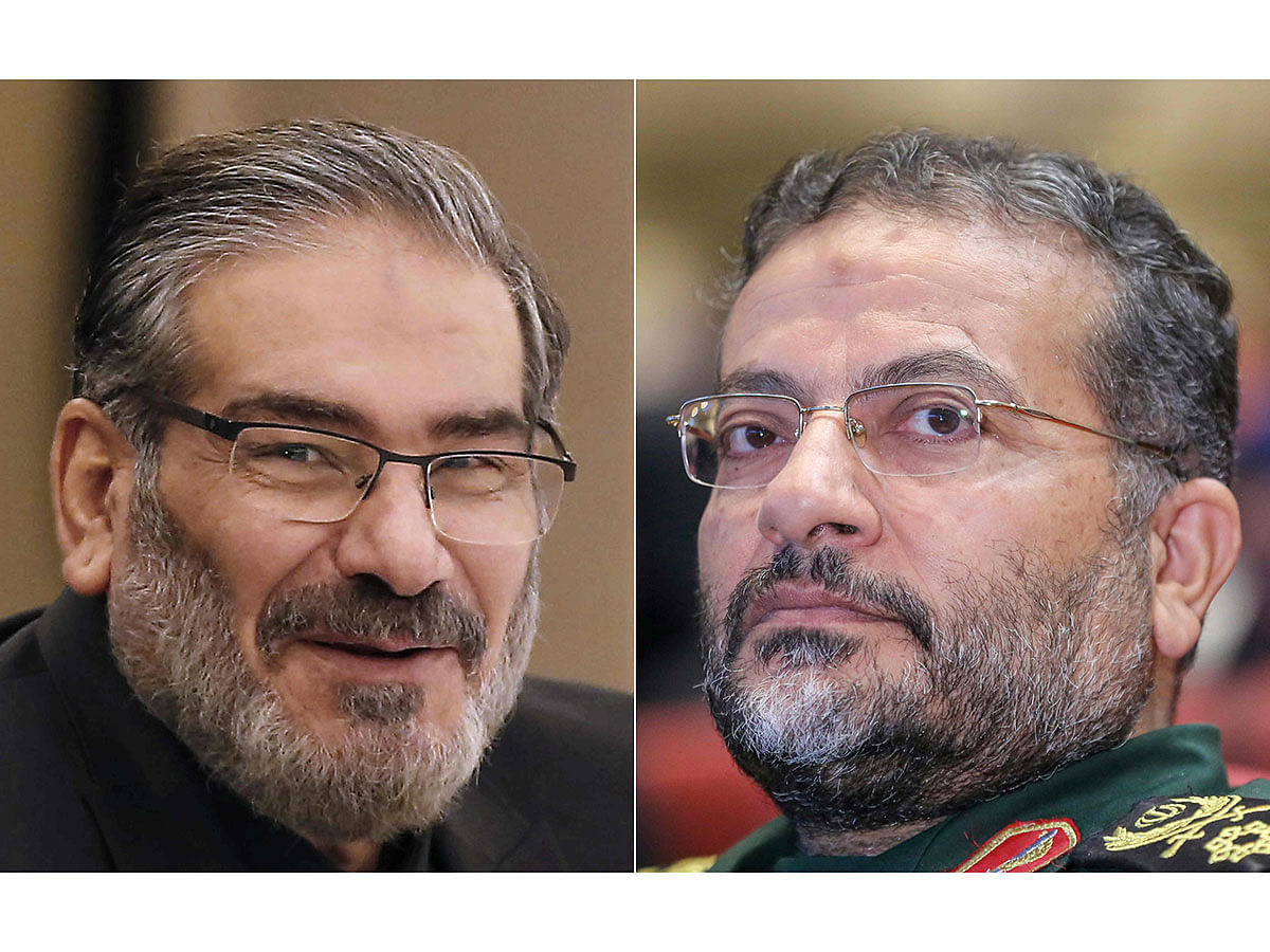 This combination of file pictures created on 10 January 2020 shows Ali Shamkhani (L), secretary of the Supreme National Security Council of Iran, on 26 September 2018, in Tehran; and Gholamreza Soleimani, a senior officer in the Islamic Revolutionary Guard Corps who commands Basij forces, on 24 November 2019, in Tehran. Photo: AFP