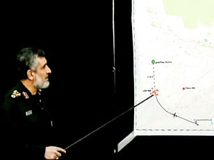 An image grab of footage obtained from Iranian State TV IRINN on 11 January, 2020, shows brigadier general Amir Ali Hajizadeh, aerospace commander of Iran`s Revolutionary Guards, pointing at a map during a televised press conference in the capital Tehran. Photo: AFP