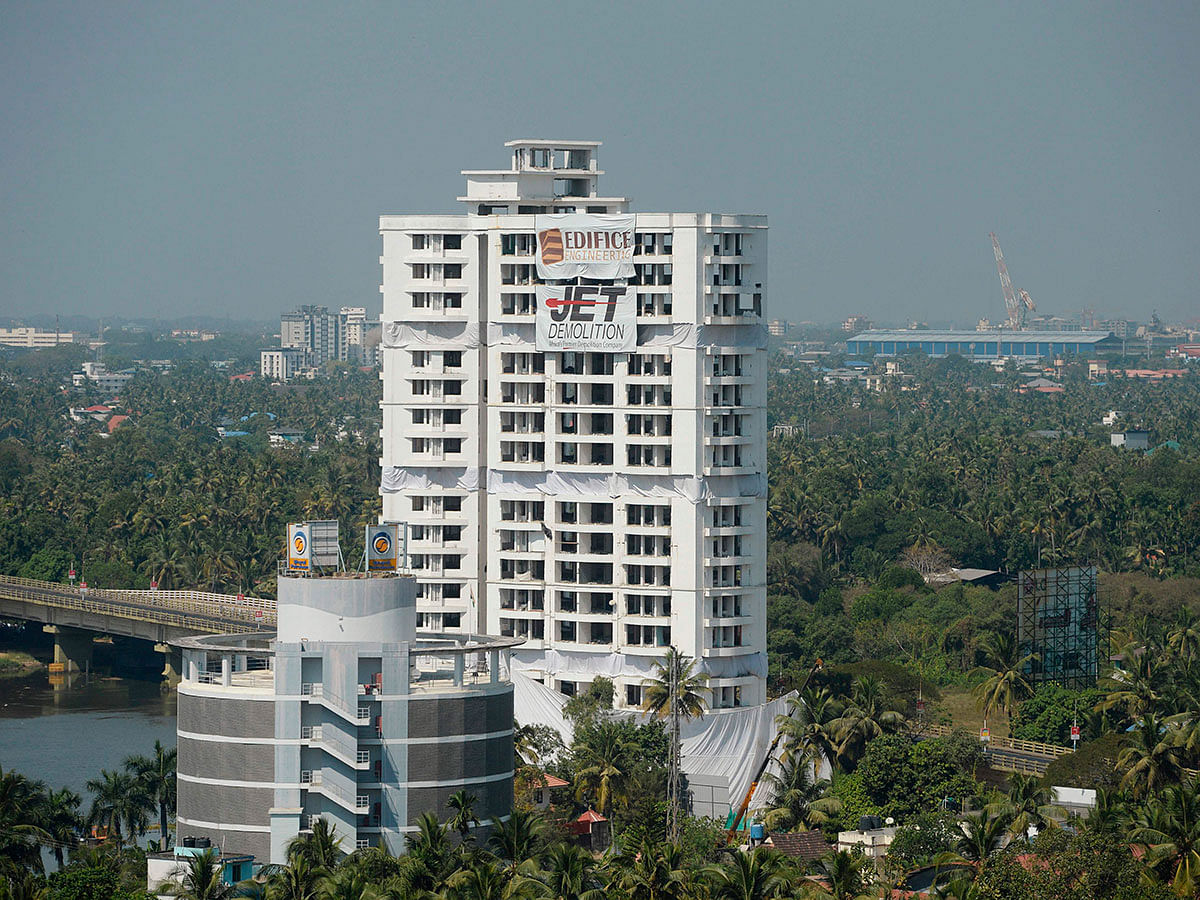 A view of an apartment complex, ordered to be demolished by the Supreme Court for violating coastal construction regulations, is pictured in Kochi on 11 January 2020. Photo: AFP