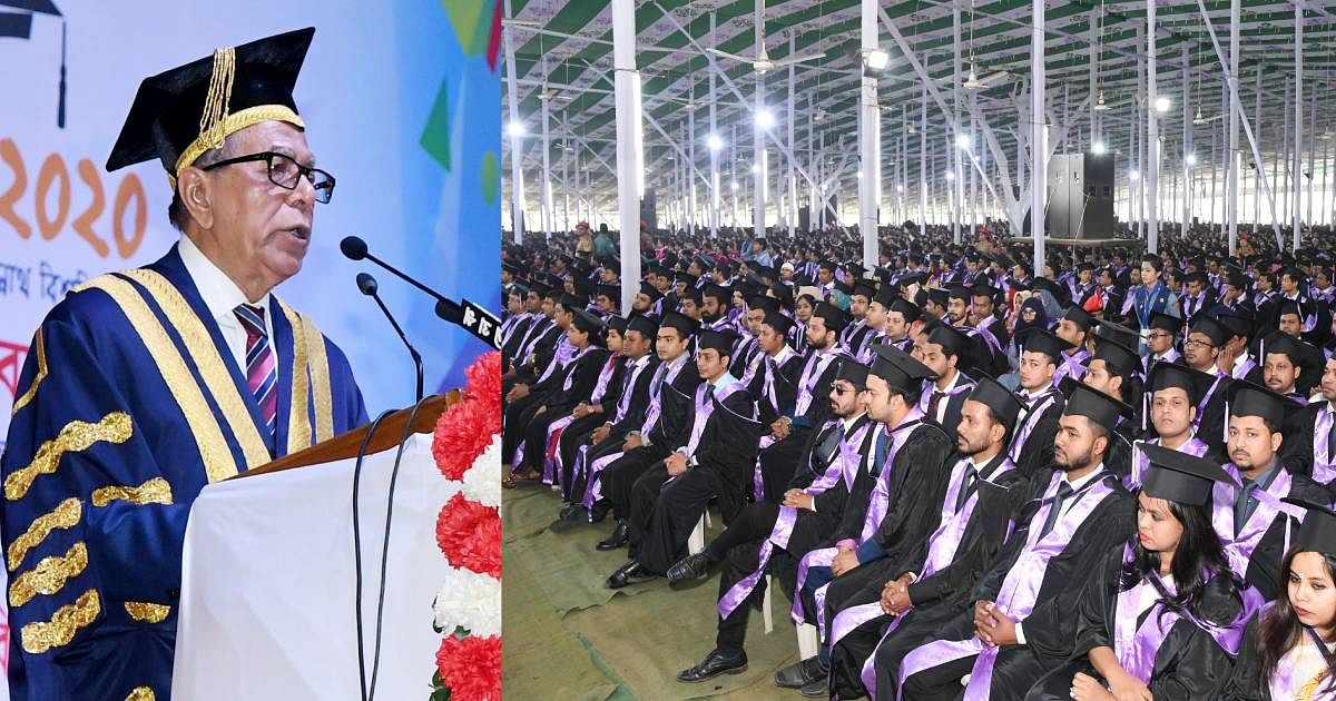 President Abdul Hamid speaks at the first convocation of Jagannath University at Dhupkhola playground in Dhaka on Saturday, 11 January 2020. Photo: UNB/PID