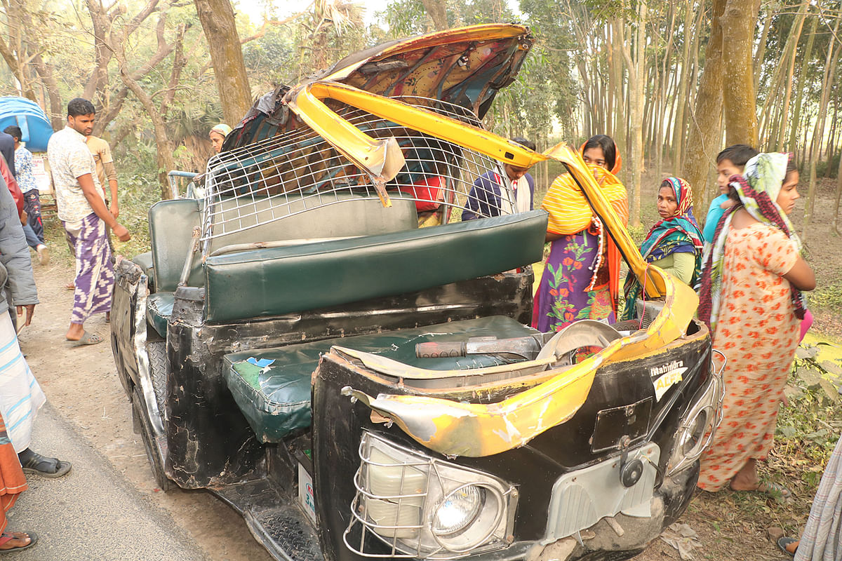 The human hauler left crumpled after the accident with a bus in Rajbari on 12 January 2020. Photo: M Rashedul Haque