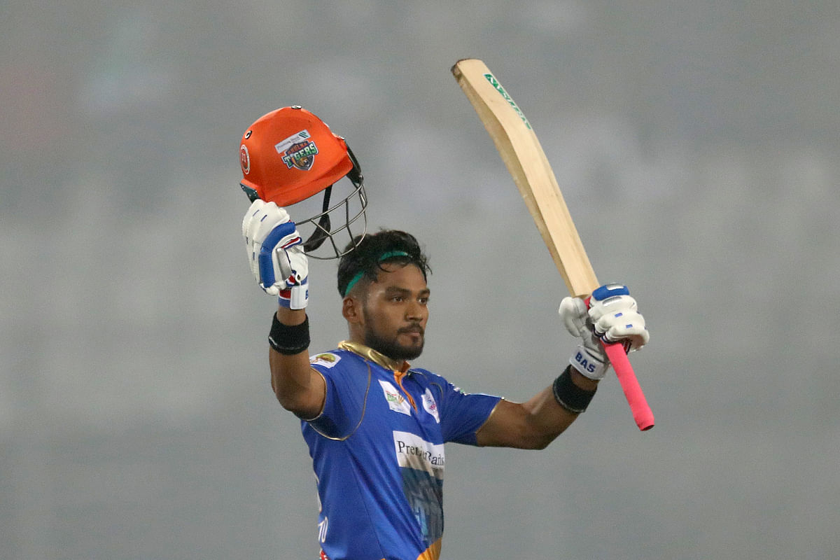 Najmul Hossain Shanto celebrates his maiden T20 century on 11 January 2019. Photo: Prothom Alo