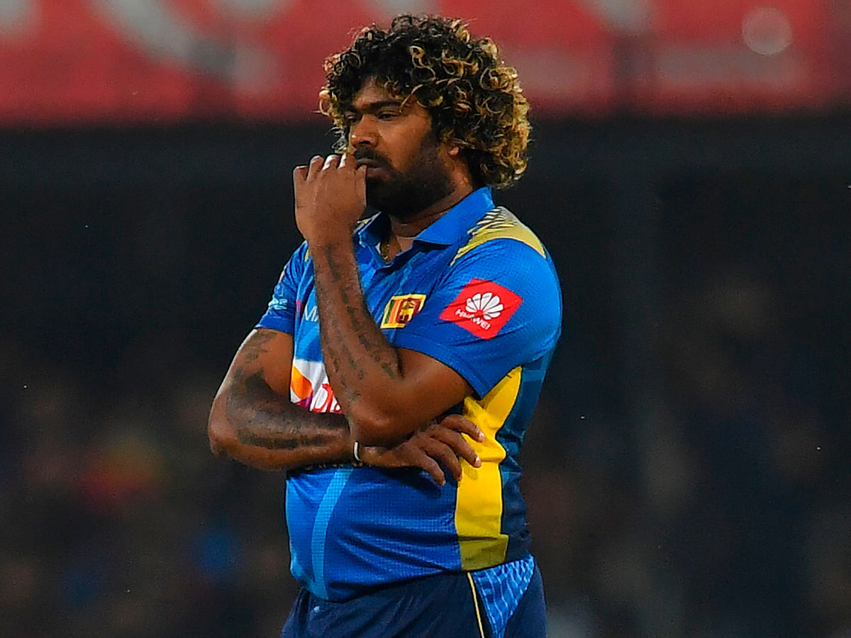 Sri Lanka`s cricket team captain Lasith Malinga reacts after a boundary during the second T20 international cricket match of a three-match series between India and Sri Lanka at the Holkar Cricket Stadium in Indore on 7 January 2020. Photo: AFP