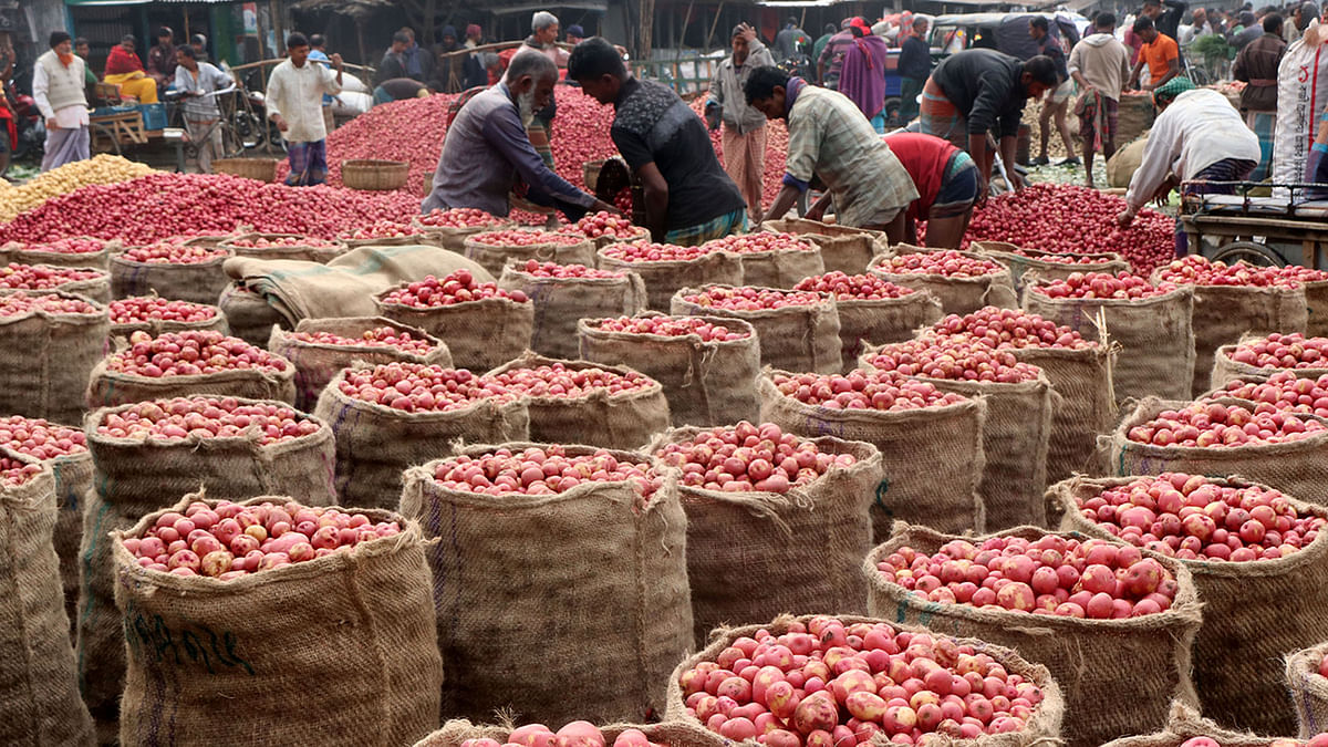 New potatoes kept for sale in the wholesale market of Mohasthangarh, Bogura on 13 January, 2020.
