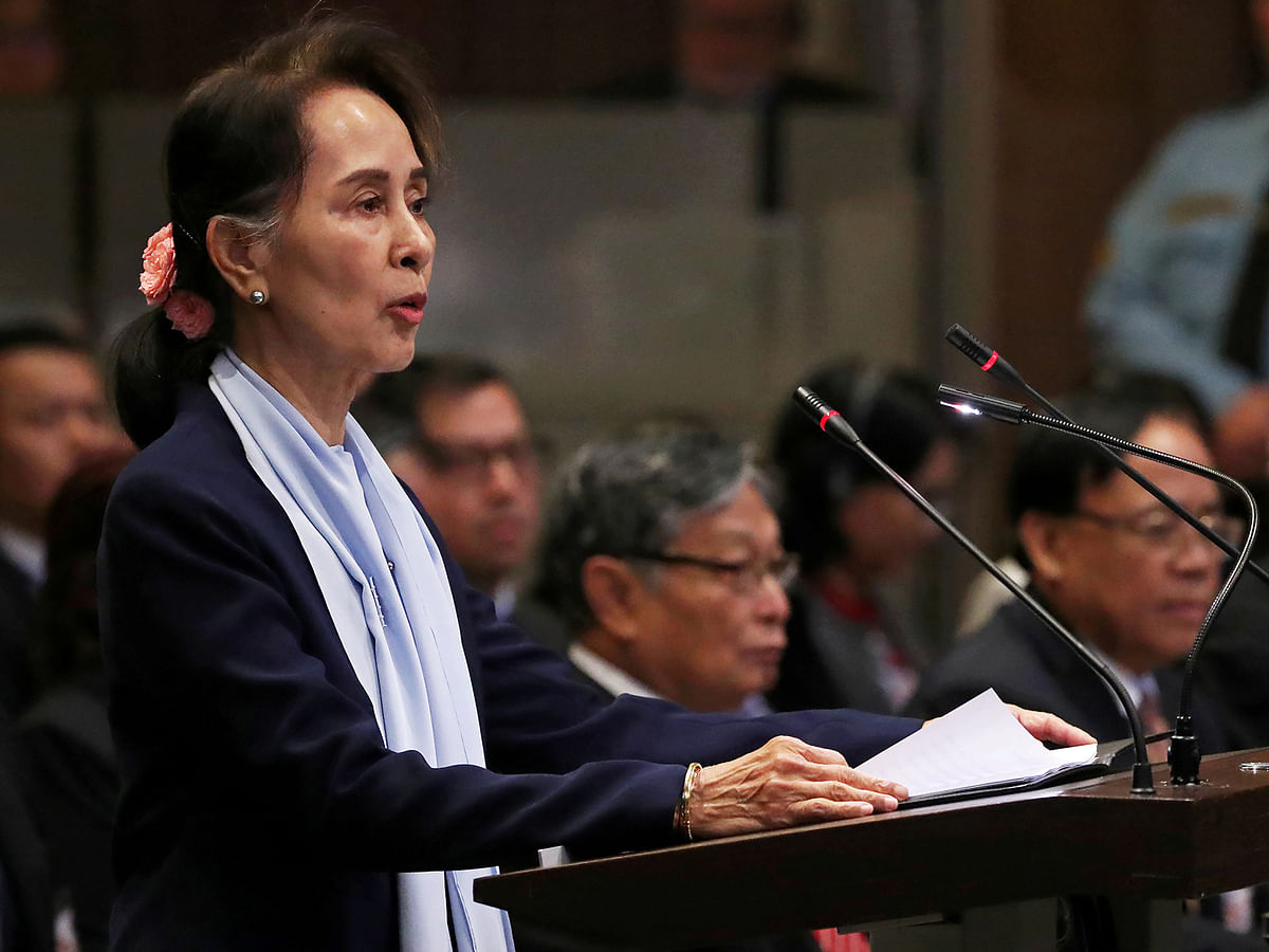 Myanmar`s leader Aung San Suu Kyi speaks on the second day of hearings in a case filed by Gambia against Myanmar alleging genocide against the minority Muslim Rohingya population, at the International Court of Justice (ICJ) in The Hague, Netherlands on 11 December 2019. Photo: Reuters