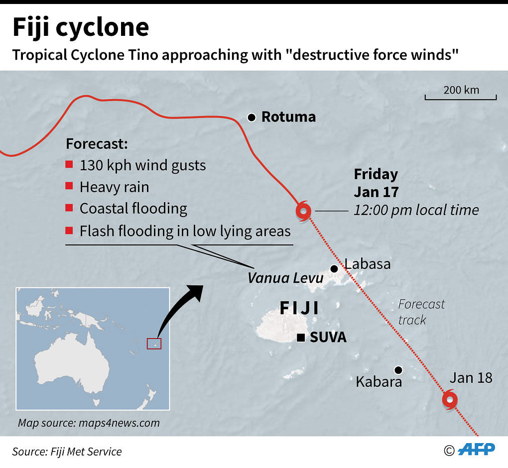 Map showing Fiji and the path of Tropical Cyclone Tino. Photo: AFP