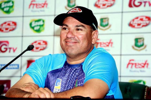 Newly appointed head coach of Bangladesh men’s national cricket team Russell Domingo addresses media on Wednesday. Photo: UNB