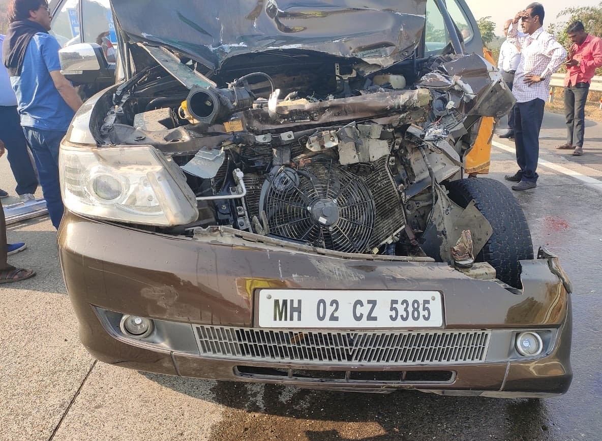 Badly damaged car in which Shabana Azmi was travelling. Photo: Twitter
