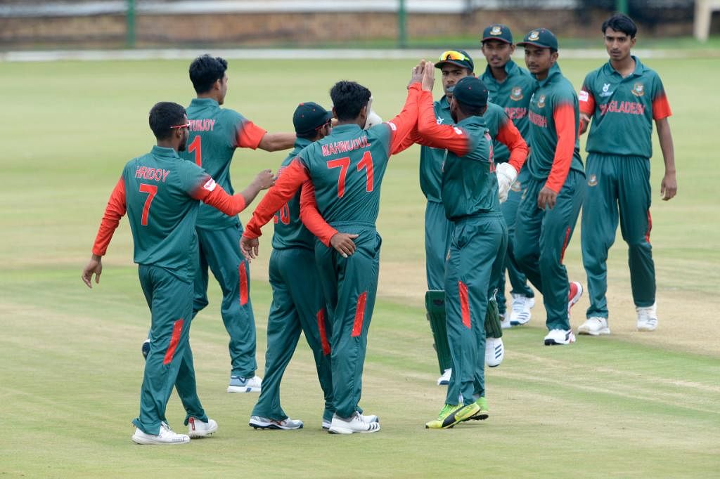 Bangladesh Under-19 players celebrate victory against Zimbabwe in their opening match in the ICC Under-19 World Cup, 2020 on 18 January. Photo: Courtesy