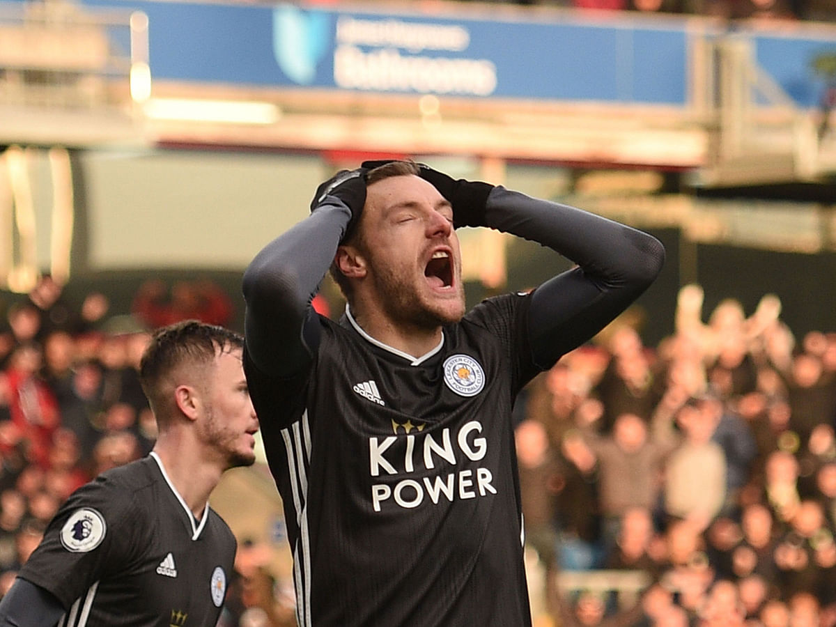 Leicester City`s English striker Jamie Vardy reacts after missing a penalty during the English Premier League football match between Burnley and Leicester City at Turf Moor in Burnley, north west England on 19 January, 2020. Photo: AFP
