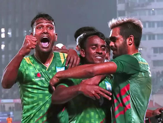 Midfielder Matin Mia celebrates goal with teamates. Photo: Prothom Alo