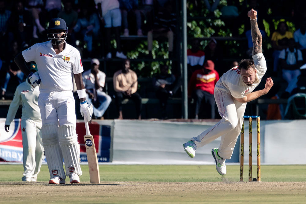 Zimbabwe`s bowler Kyle Jarvis is in action during the third day of the first Test cricket match at the Harare Sports Club in Harare on 21 January 2020. Photo: AFP