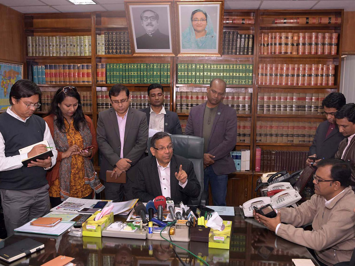 Law minister Anisul Huqtalks to media after the verdicts in the CPB rally bomb blast and 1988 Laldighi Massacre cases. Photo: UNB