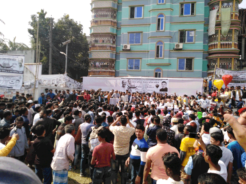 Awami League nominated mayoral candidate in Dhaka North City Corporation elections Atiqul Islam addresses an election rally at Beraid Muslim High School ground, Dhaka on 21 January 2020. Photo: Hasan Raza